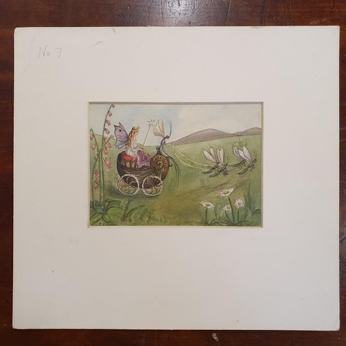 377 - C V Lucas, a fairy princess, being pulled along in a cart by flying insects, watercolour, signed, 13... 