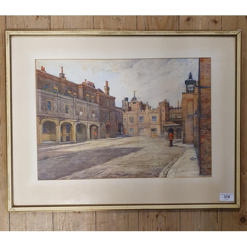 378 - F W Lee, study of a courtyard, with two Royal guards, watercolour, signed, 30 x 47 cm