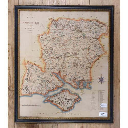 419 - A coloured map of Hampshire, after J Cary, 50 x 42 cm,  after Eman Bowen, A New and Accurate Map of ... 