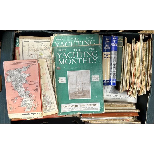 423 - Various copies of the Yachting Monthly, Ordnance Survey maps, and assorted books (4 boxes)