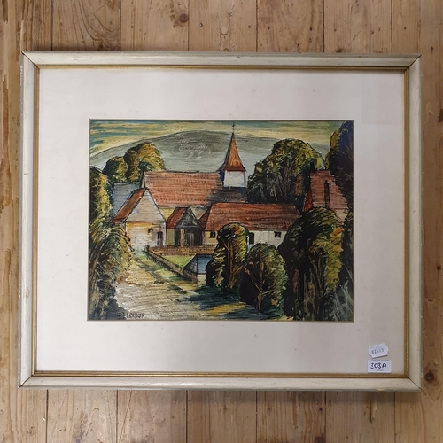 303A - Donald Rayner (British 1907-1977), Litlington Church, Sussex, gouache, signed, 32 x 43 cm