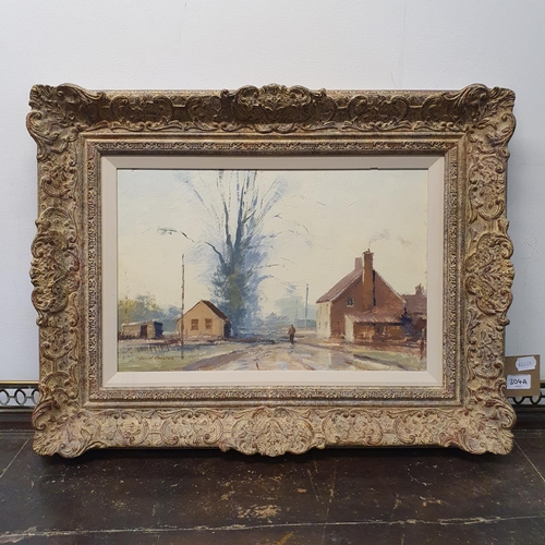 304A - David Osborne, a village scene with a figure, oil on board, signed, 29 x 44 cm