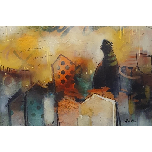 384 - John and Elli Milan (American), Urban Twist I, oil on board, signed, 59 x 89 cm, artist label verso ... 