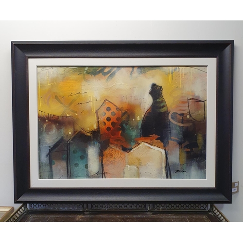 384 - John and Elli Milan (American), Urban Twist I, oil on board, signed, 59 x 89 cm, artist label verso ... 