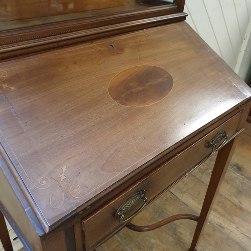 892 - A ladies inlaid mahogany bureau, with an unusual glazed superstructure, 60 cm wide