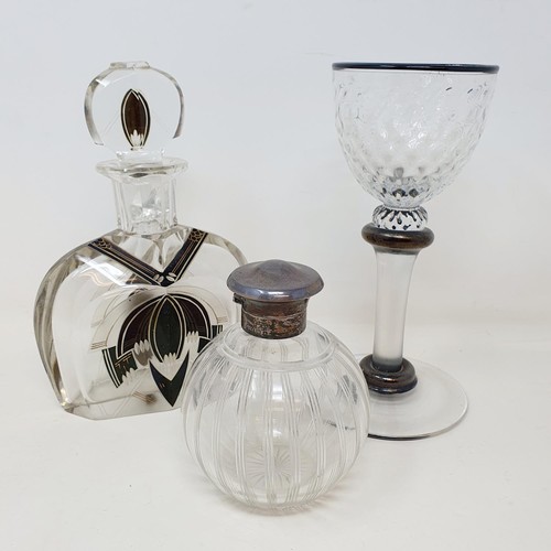 80 - An Art Deco cut glass scent bottle, 19 cm, a modern goblet, 20 cm high, and a perfume bottle, 11 cm ... 