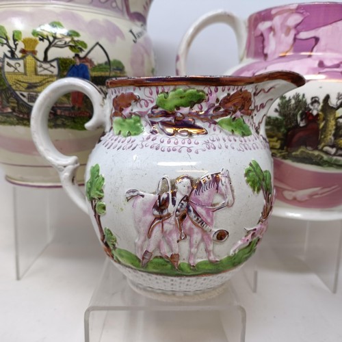 838 - A 18th century Sunderland lustre jug, with a motto reading George Jewitt Born August 24th 1777, 19 c... 