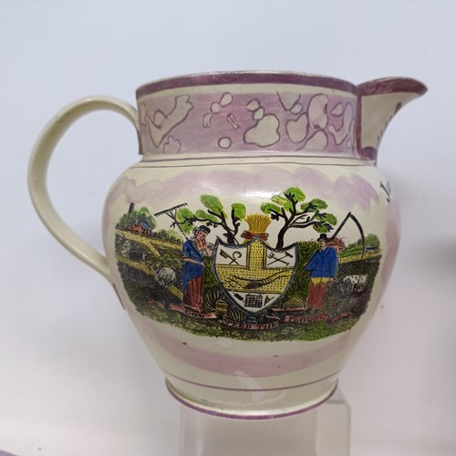 838 - A 18th century Sunderland lustre jug, with a motto reading George Jewitt Born August 24th 1777, 19 c... 