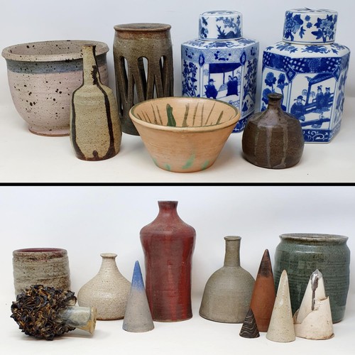 126 - Assorted Studio pottery, and a pair of modern Chinese blue and white ginger jars and covers (box)