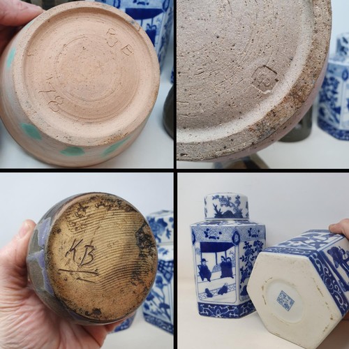 126 - Assorted Studio pottery, and a pair of modern Chinese blue and white ginger jars and covers (box)