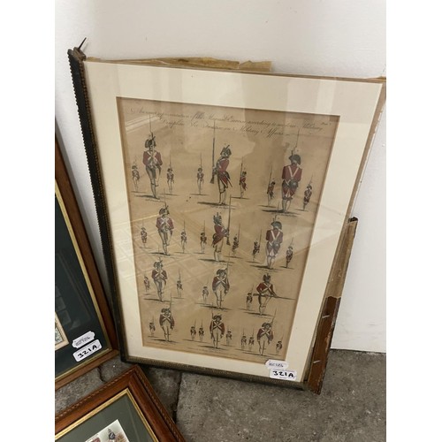 321A - A 19th century print of military manoeuvres, 35 x 20 cm, another, a print of the Duke of Wellington,... 