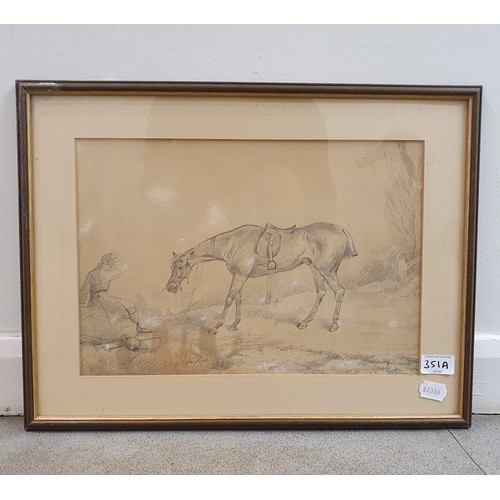 351A - 19th century, English school, study of a horse and rider, charcoal, indistinctly signed, 25 x 38 cm