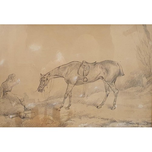 351A - 19th century, English school, study of a horse and rider, charcoal, indistinctly signed, 25 x 38 cm