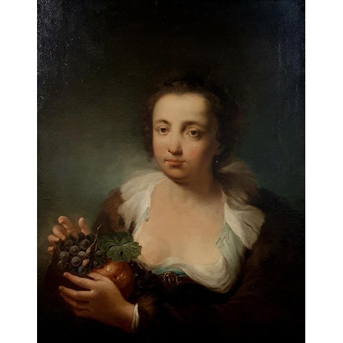 356 - 19th century, Continental school, portrait of a young woman holding fruit, oil on canvas, 75 x 57 cm... 