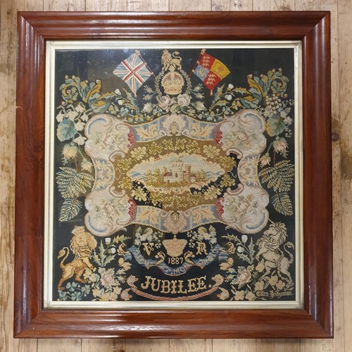 722 - A 19th century needlework panel, commemorating the Golden Jubilee of Queen Victoria, 1887, by Ellen ... 