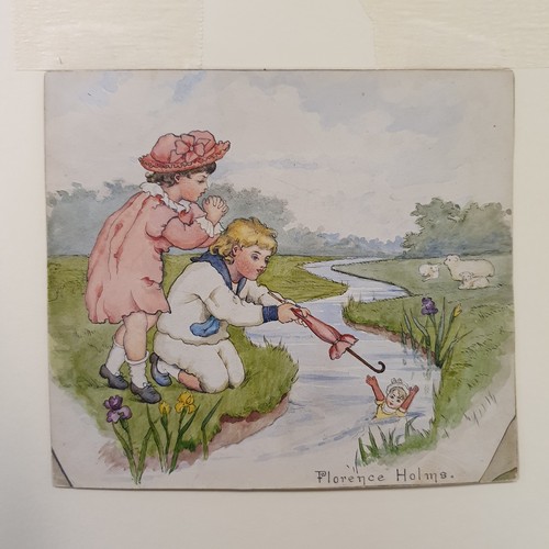 375 - Florence Holms, two children saving a doll, watercolour, 13 x 15 cm,