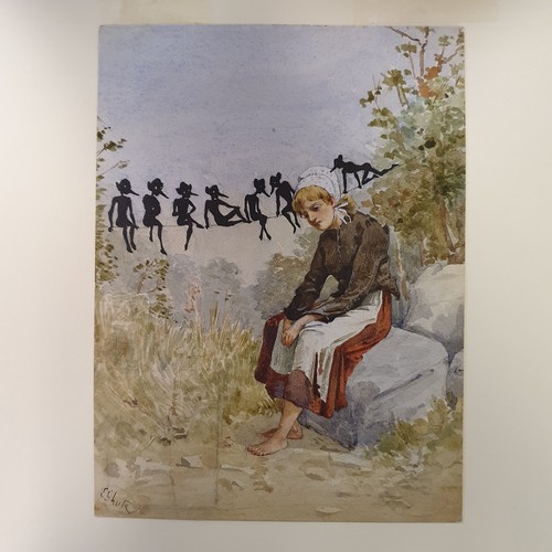 376 - E Shute, study of a woman, with nymphs, watercolour, signed, 21 x 15 cm