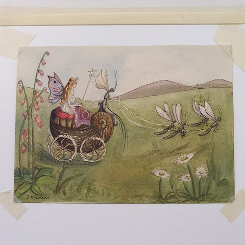 377 - C V Lucas, a fairy princess, being pulled along in a cart by flying insects, watercolour, signed, 13... 