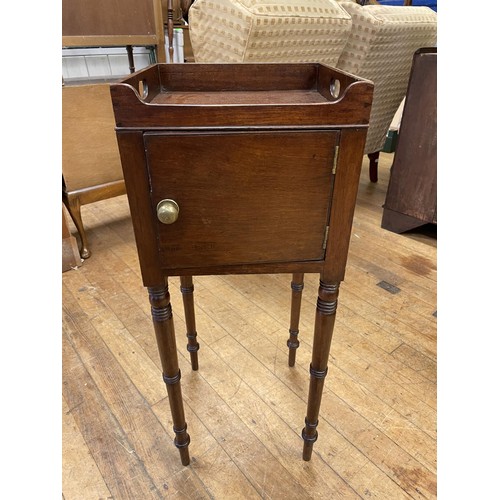 949 - A 19th century mahogany tray top stand, with a single cupboard door, 30 cm wide