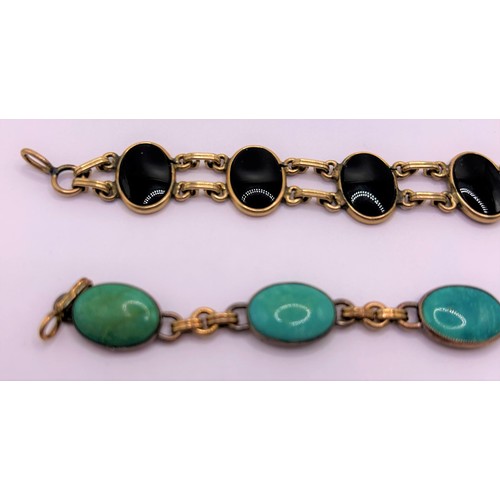 2 - A gold plate and turquoise bracelet, and another, set with black stones (2)...