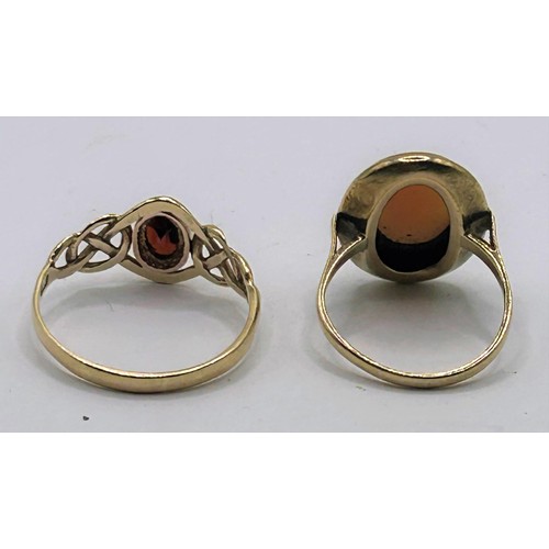 6 - A 9ct gold and cameo ring, ring size N 1/2, and a 9ct gold and garnet ring, ring size V...