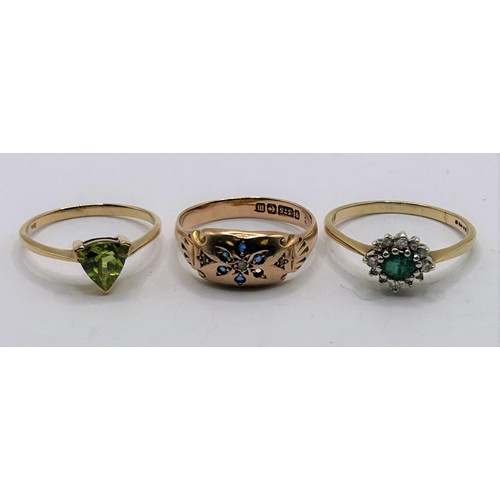7 - A 9ct gold and blue stone ring, ring size R, an emerald and diamond cluster ring, ring size R 1/2, a...