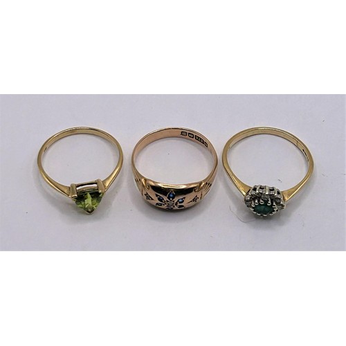 7 - A 9ct gold and blue stone ring, ring size R, an emerald and diamond cluster ring, ring size R 1/2, a...