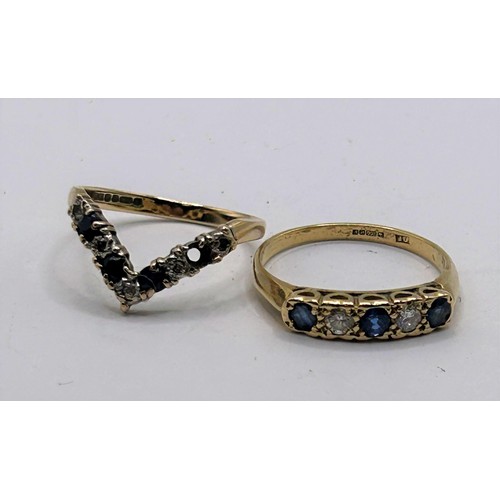25 - A 9ct gold, diamond and sapphire ring, ring size O, and a 9ct gold, diamond and sapphire five stone ...