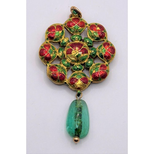 63 - An Indian yellow coloured metal, white and green stone pendant, with enamel decoration...