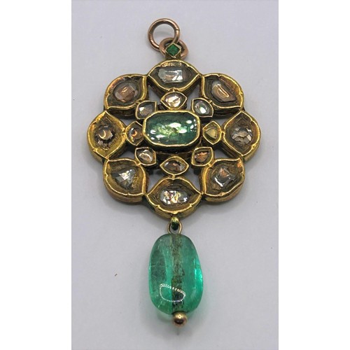 63 - An Indian yellow coloured metal, white and green stone pendant, with enamel decoration...