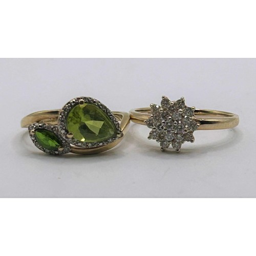 66 - A 9ct gold and diamond cluster ring, ring size R, and a 9ct gold diamond and green stone ring, ring ...