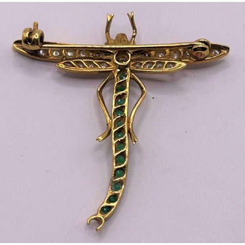 78 - An 18ct gold, emerald and diamond dragonfly brooch, 4 cm wide