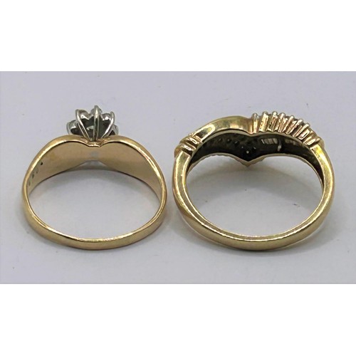 155 - A 9ct gold and diamond cluster ring, ring size R, and another, ring size R (2)