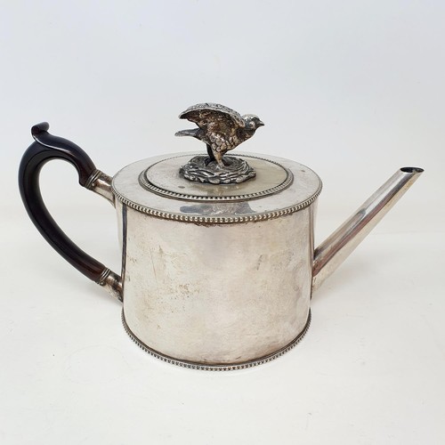 310 - A 19th century silver plated teapot, with a bird finial and an unusual set of dummy hallmarks