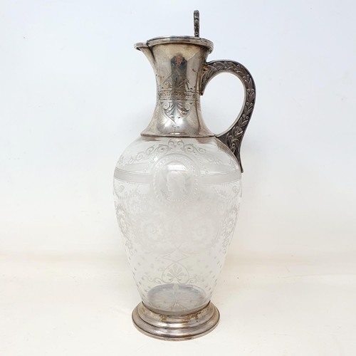 339 - A Victorian neo-classical style engraved/etched glass and silver claret jug, Sheffield 1875