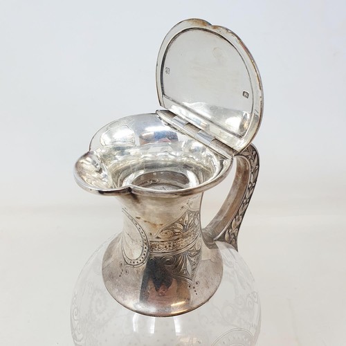 339 - A Victorian neo-classical style engraved/etched glass and silver claret jug, Sheffield 1875