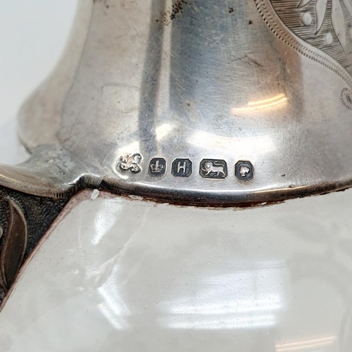 339 - A Victorian neo-classical style engraved/etched glass and silver claret jug, Sheffield 1875