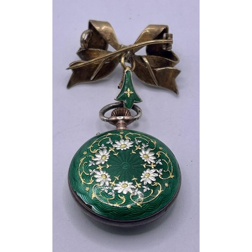 238 - A late 19th century silver and enamel open face pocket watch, with a matching pin, in the form of a ... 