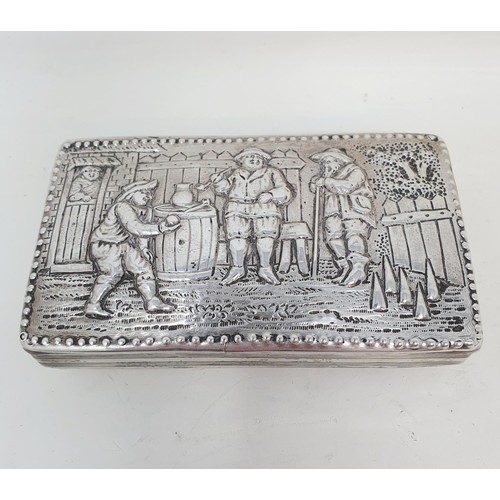 375 - A Dutch silver rectangular tobacco box, the lid decorated figures playing skittles, 13 cm wide