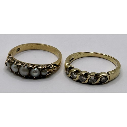 41 - An 18ct gold and pearl ring, ring size P, and a yellow metal and white stone ring, ring size O (2)...