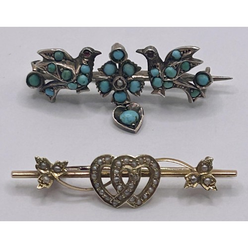 69 - A 15ct gold and seed pearl bar brooch, and a silver and turquoise bar brooch (2)...