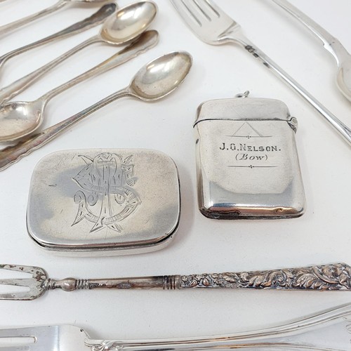 308 - A George III silver fiddle pattern teaspoon, a vesta, a pill box, a vesta and assorted flatware, var... 