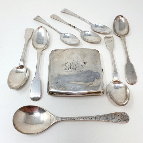 326 - A George V silver cigarette case, and assorted spoons, various dates and marks, 8.5 ozt