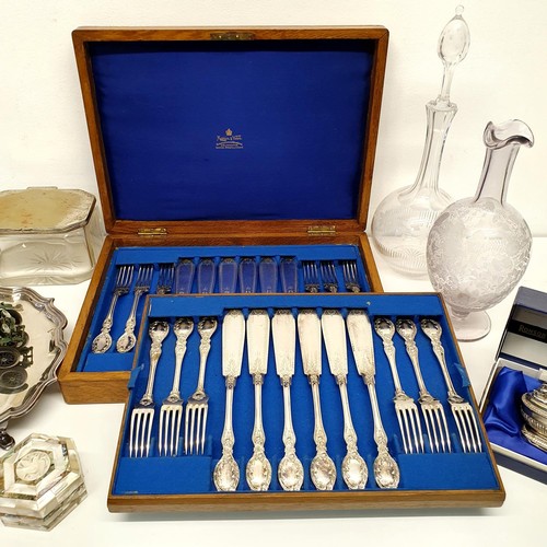 261 - Assorted silver plate, two glass decanters, and a model of a car (box)