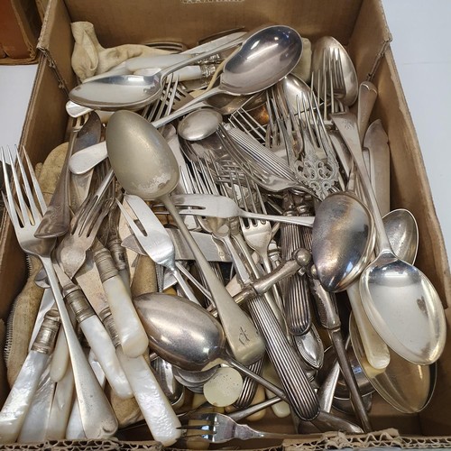 270 - A silver plated oval tray, assorted flatwares and other items (box)