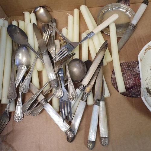 270 - A silver plated oval tray, assorted flatwares and other items (box)