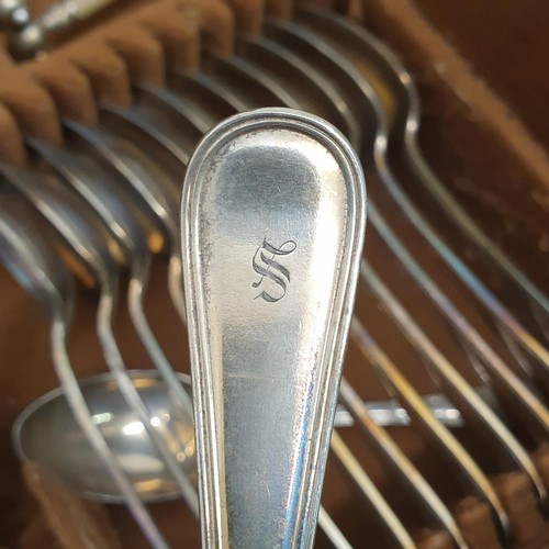 271 - An Old English and thread pattern canteen of plated cutlery, initialled S, settings for twelve, in a... 