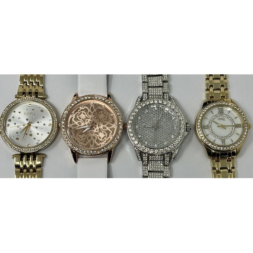 248 - Four ladies dress watches, and a simulated pearl necklace, cased, and a silver coloured metal neckla... 