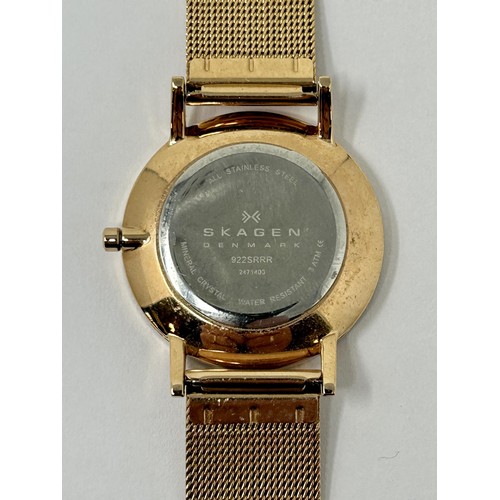 249 - A Skagen of Denmark rose gold plated and cubic zirkonia wristwatch, with a mother of pearl dial and ... 