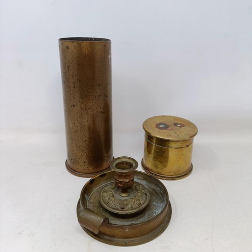 550 - A Trench Art chamberstick, a similar box, and a shell casing (3)